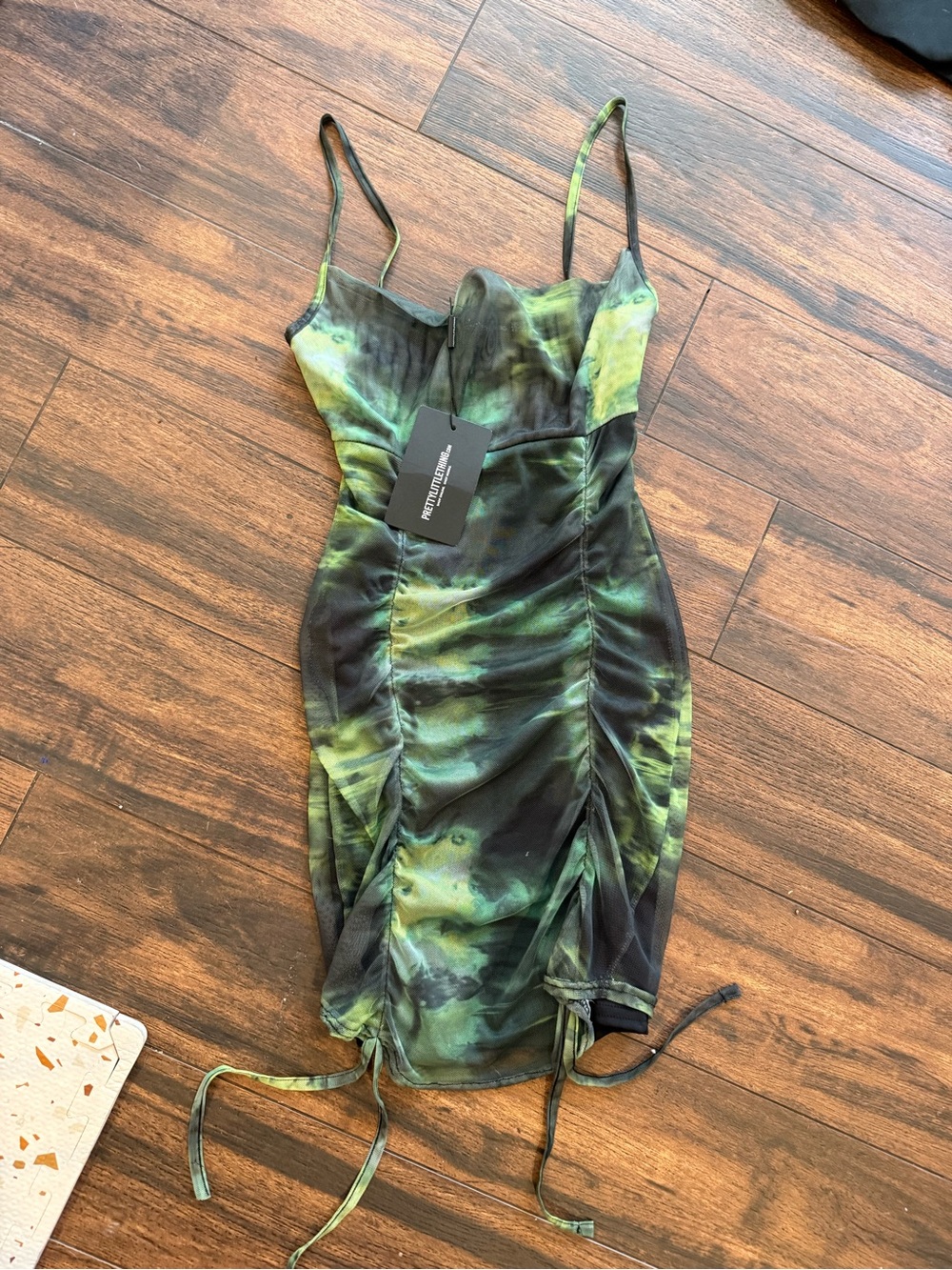 PrettyLittleThing Green Tie-Dye Ruched Slip Dress